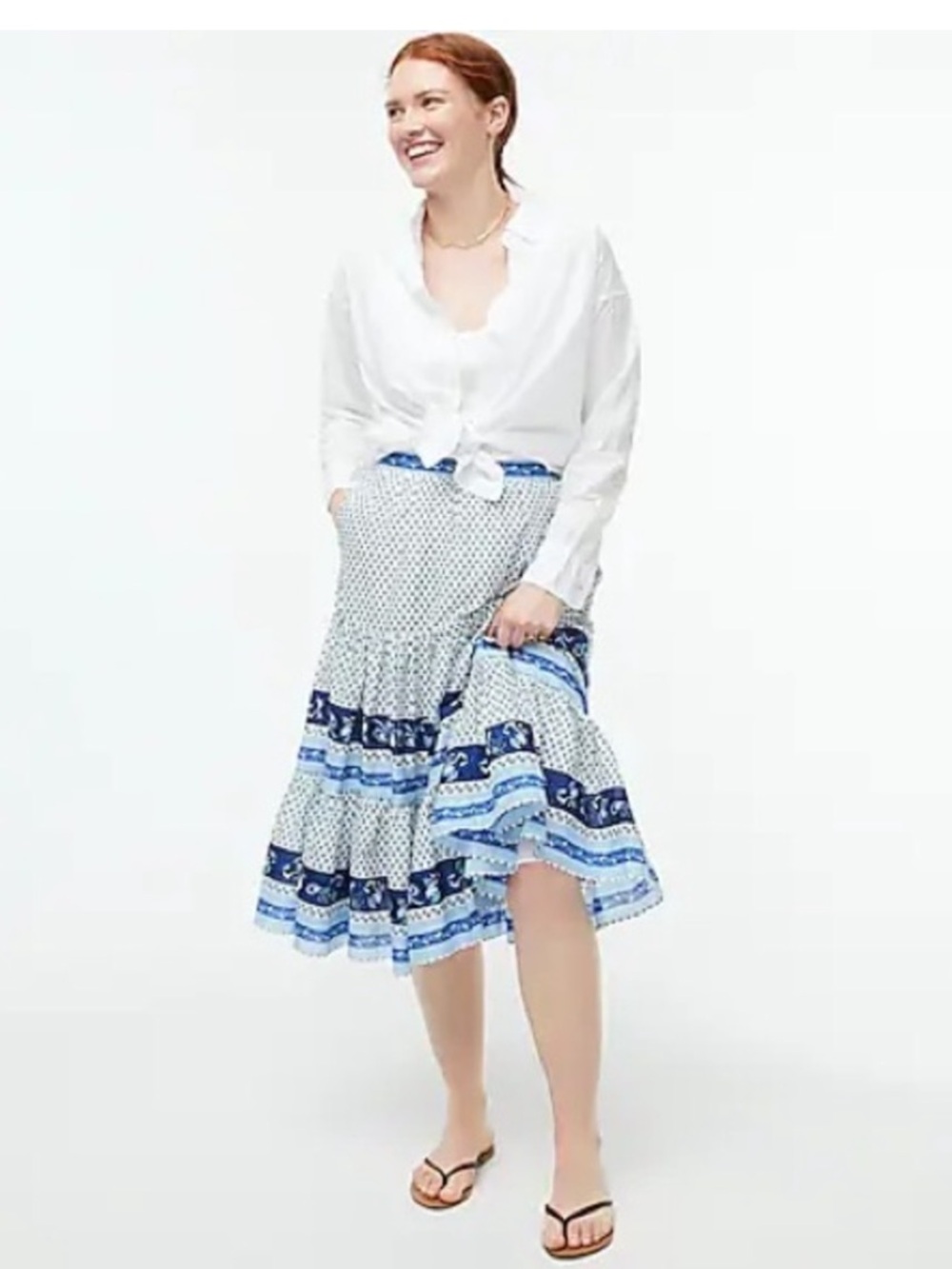 J. Crew Tiered Skirt in Blue Ribbon Block Print XS